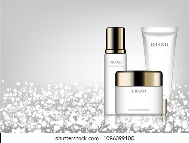 Cosmetic products and glittering lights on white background