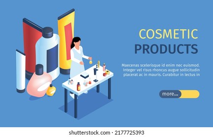 Cosmetic Products Horizontal Banner With Female Character Representing Items For Hygiene Spa Skin Care And Perfume Isometric Vector Illustration