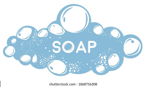 Cosmetic products and hygiene, isolated soap y water with bubbles. Shampoo or detergent, bubbly liquid for shaving or bathing. Freshness and cleanliness. Glossy ball froth, vector in flat style