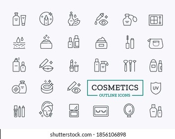 Cosmetic products icon set. Thin line pictogram of lotion, powder, lipstick, mascara - Shutterstock ID 1856106898