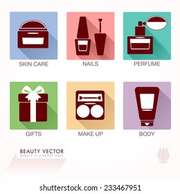 Cosmetic Products Icon Vector Set. Flat design with long shadows. Icon set for Beauty Industry, Cosmetic labeling, Beauty products, Cosmetic Boutique, Cosmetic procedures, Beauty Salon, Beauty store. 