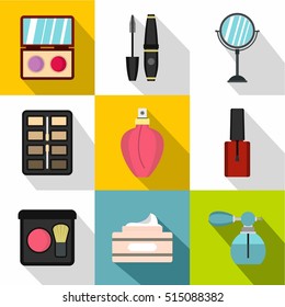 Cosmetic products icons set. Flat illustration of 9 cosmetic products vector icons for web