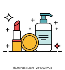 Produtos cosméticos, incluindo creme de batom e loção isolada em branco