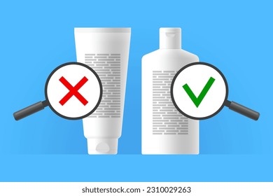 Cosmetic products with ingredient information and magnifying glasses with tick and cross mark, inspecting ingredients in composition of skincare or body care product, beauty and health concept