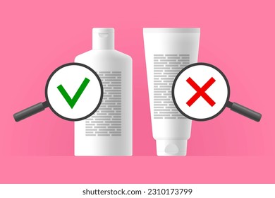 Cosmetic products with ingredient information and magnifying glasses with tick and cross mark, inspecting ingredients in composition of skincare or body care product, beauty and health concept