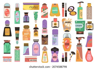 Cosmetic products isolated elements set. Bundle of bottles with lotions, shampoo, body creams or oils, lipstick, mascara, perfume and other. Creator kit for vector illustration in flat cartoon design