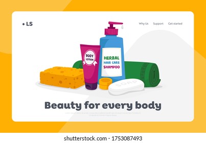 Cosmetic Products Landing Page Template. Bath Cosmetics and Toiletries Accessories Body Lotion, Herbal Hair Care Shampoo and Soap Bar with Sponge, Rolled Towel, Cosmetics. Cartoon Vector Illustration