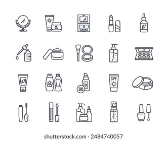 Cosmetic Products Line Icon Set. Signs with lipstick, SPF cream, mascara, nail polish and serum. Editable stroke. Beauty and makeup. Outline vector illustration collection isolated on white background