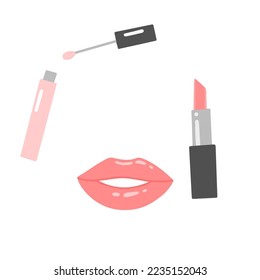 Cosmetic products for lip makeup. Lipstick illustrations.