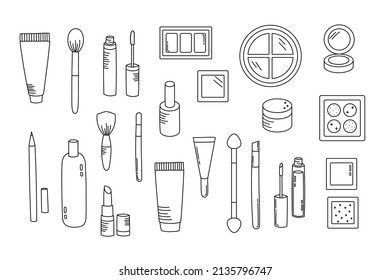 Cosmetic products, makeup items vector doodle set, foundation, eyeshadows, brushes, creams, make up pencil, lipstick, lipgloss, mascara, highlighter, nail polish, blush, powder