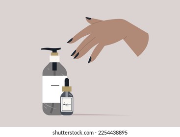Cosmetic products in modern glass bottles, a soap dispenser and a dropper with essential oil or skin serum
