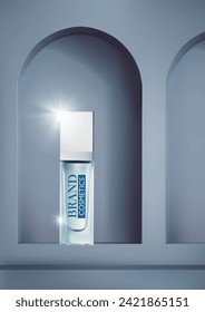 Cosmetic Products on background design of  through arch window.3d realistic package mock up poster banner template vector illustration