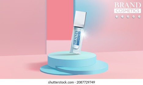 Cosmetic products on blue podium with blur Background . abstract background .  Mockup 3D illustration . Realistic vector illustration .