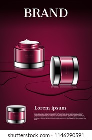 Cosmetic products on the red floor with water