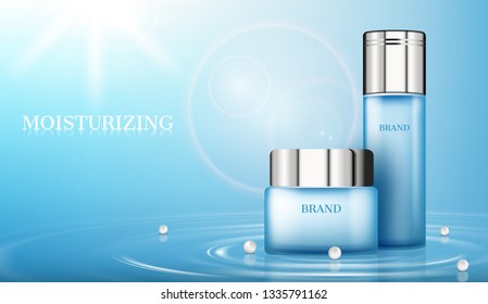 Cosmetic products on water surface with pearls and sunshine