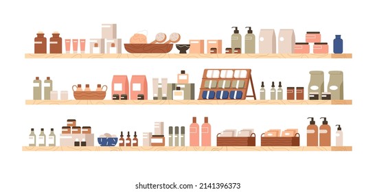 Cosmetic products on wood shelves. Body, face skin care cosmetics, bath accessories in bottles, packaging, jars. Variety of toiletries. Flat graphic vector illustration isolated on white background