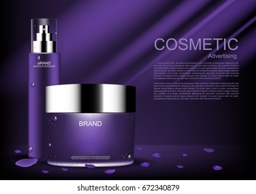 Cosmetic products with petals and template on dark purple background vector purple cosmetic collection