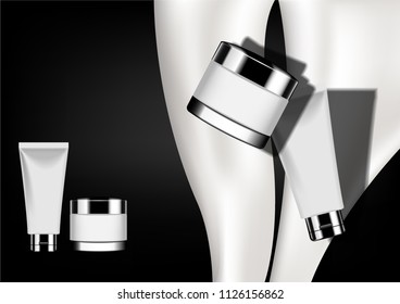 Cosmetic products with pouring milk background