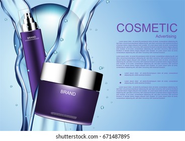 Cosmetic products and pouring water with bubbles on blue background , Vector purple cosmetic collection