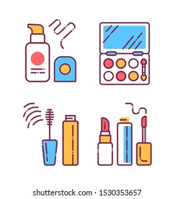 Cosmetic products and professional facial makeup color line icons set. Feminine skin care. Beauty industry. Pictogram for web page, mobile app, promo. UI/UX/GUI design element. Editable stroke.