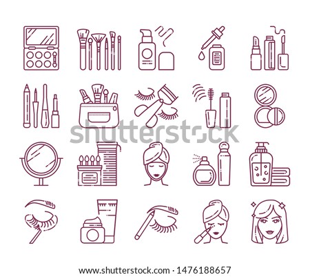 Cosmetic products and professional facial makeup line icons set. Feminine skincare. Beauty industry. Pictogram for web page, mobile app, promo. UI/UX/GUI design element. Editable stroke.