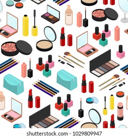 Cosmetic Products Seamless Pattern Background on White for Woman Makeup or Skin Care Isometric View Include of Powder, Mirror, Lipstick, Eyeshadow and Brush. Vector illustration