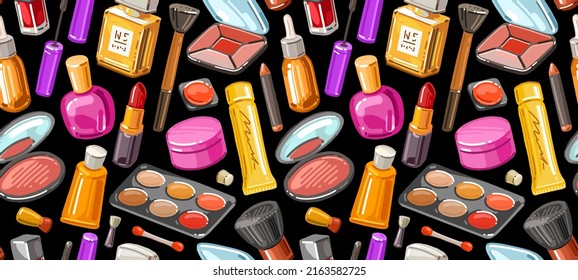 Cosmetic products seamless pattern. Beauty salon, makeup background. Color vector drawing