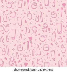 Cosmetic products seamless pattern. Cartoon make up background. Lipstick, mascara, perfume, eyeshadows. Makeup and beauty care template for shops in line style. Beauty vector illustration. Fashion. 