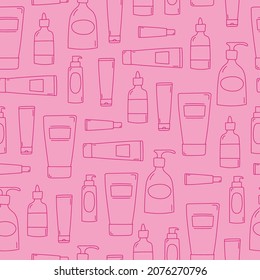 Patrón sin fisuras de productos cosméticos. Botellas de doodle de arte lineal y tubos de fondo rosado. Productos para el cuidado de la piel. Ilustración del vector