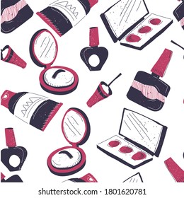 Cosmetic products seamless pattern. Makeup for women, lotions and tubes with creams for skin care or treatment. Nail polish for manicure and palettes with shades, powder vector in flat style
