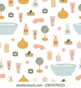 Cosmetic products seamless pattern. Pastel color products, bathtub on white background. Vector illustration