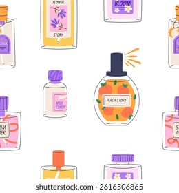 Cosmetic products seamless pattern. Trendy hand drawn flat style.