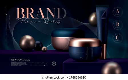 Cosmetic products set background. Vector 3D Premium cream jar for skin care products. Luxury facial cream. Elegant Cosmetic ads flyer or banner design. Cosmetic cream template. Make up products brand.