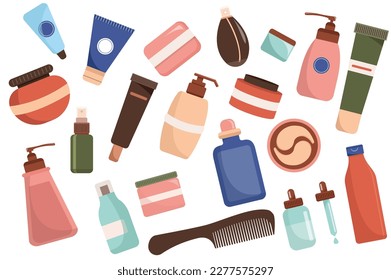 El concepto de productos cosméticos está incluido en el diseño de dibujos animados planos. Imagen de peines, cremas y otros cosméticos femeninos. Ilustración vectorial.