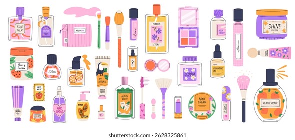 Cosmetic products set. Decorative cosmetics, cosmetics for face and body care, accessories, brushes. Flat vector illustration isolated on white background.