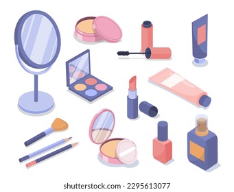 Cosmetic products set. Lipstick, powder, mascara, mirror and nail polish, pencils. Collection for beauty treatments and make up. Cartoon isometric vector illustrations isolated on white background