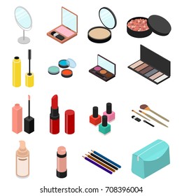 Cosmetic Products Set for Woman Makeup or Skin Care Isometric View Include of Powder, Mirror, Lipstick, Eyeshadow and Brush. Vector illustration of Element Cosmetic Bag