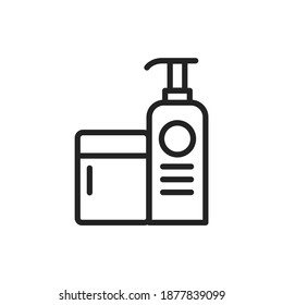 Cosmetic products: shampoo, conditioner black line icon. Beauty industry. 