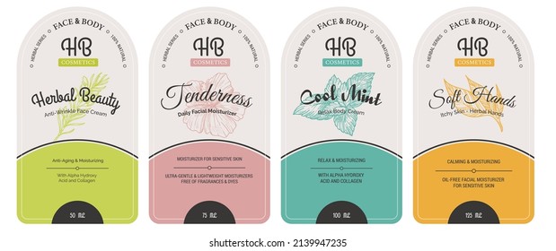 Cosmetic products for skin care and beauty, herbal ingredients and organic treatment. Hygiene and wellness, rejuvenation and therapy. Labels with sketches, package emblem. Vector in flat style