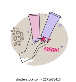 Cosmetic products for skin care, hands, self care, beauty, handwritten quote, sketch in doodle style