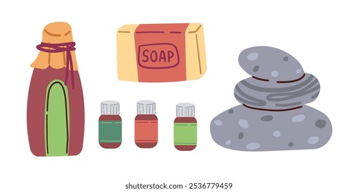 Produtos cosméticos para spa, sauna e banho . Panfleto com um conjunto de produtos de higiene e spa. Sal cosmético, sabão natural, garrafa com gel, óleo. Para salões de beleza e spas, cartões postais, brochuras e capas