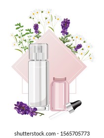 Cosmetic products spray bottle and glass with dropper with place for brand. Chamomile and lavender flowers. Pink color. Natural healthcare vector