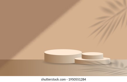 Los productos cosméticos están de pie. Forma redonda de una esfera sobre un fondo de terracota. Representación 3D de la ilustración del vector
