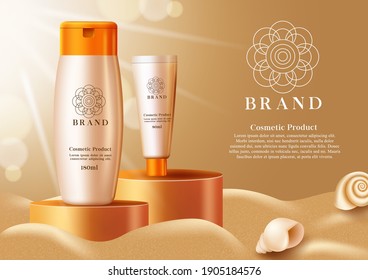 Diseño de plantillas vectoriales de protección solar para productos cosméticos. Los productos cosméticos para el verano se burlan del cuidado de la piel en un elemento 3d de botellas de loción de bloqueos solares realistas para publicidad promocional. Ilustración del vector
