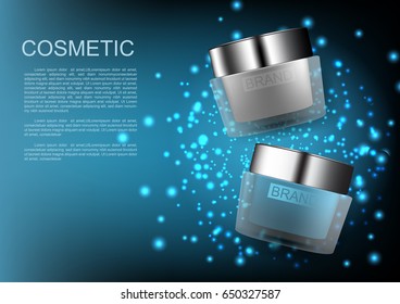 Cosmetic products and template on blue shimmering lights background Vector cosmetic ads