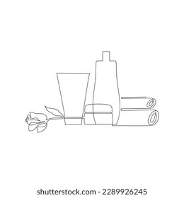 Cosmetic products, towels, rose flower drawn in one line. Sketch. Continuous line drawing a skin care products. Vector illustration in doodle style.