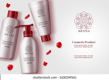 Cosmetic products vector banner template. Cosmetics product or mock up of lotion, moisturizer and sun protection bottle elements with red rose petals in white background. Vector illustration.