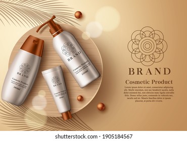 Diseño de plantillas vectoriales de productos cosméticos. Productos cosméticos maquillados de protector solar y loción en 3d elemento botellas realistas para la promoción de la marca de cuidado de la piel de verano. Ilustración del vector
