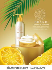 Cosmetic Products Vector Template Design. Cosmetics Moisturizing Cream And Lotion Product With Natural Lemon Extract For Natural Skin Care Brand Commercial Promotion. Vector Illustration
