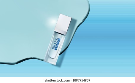Cosmetic products with water gel. Vector realistic brand poster with skincare gel, cream, perfume or makeup cosmetics in glass bottles. Promo banner, advertising background.3D vector illustration.